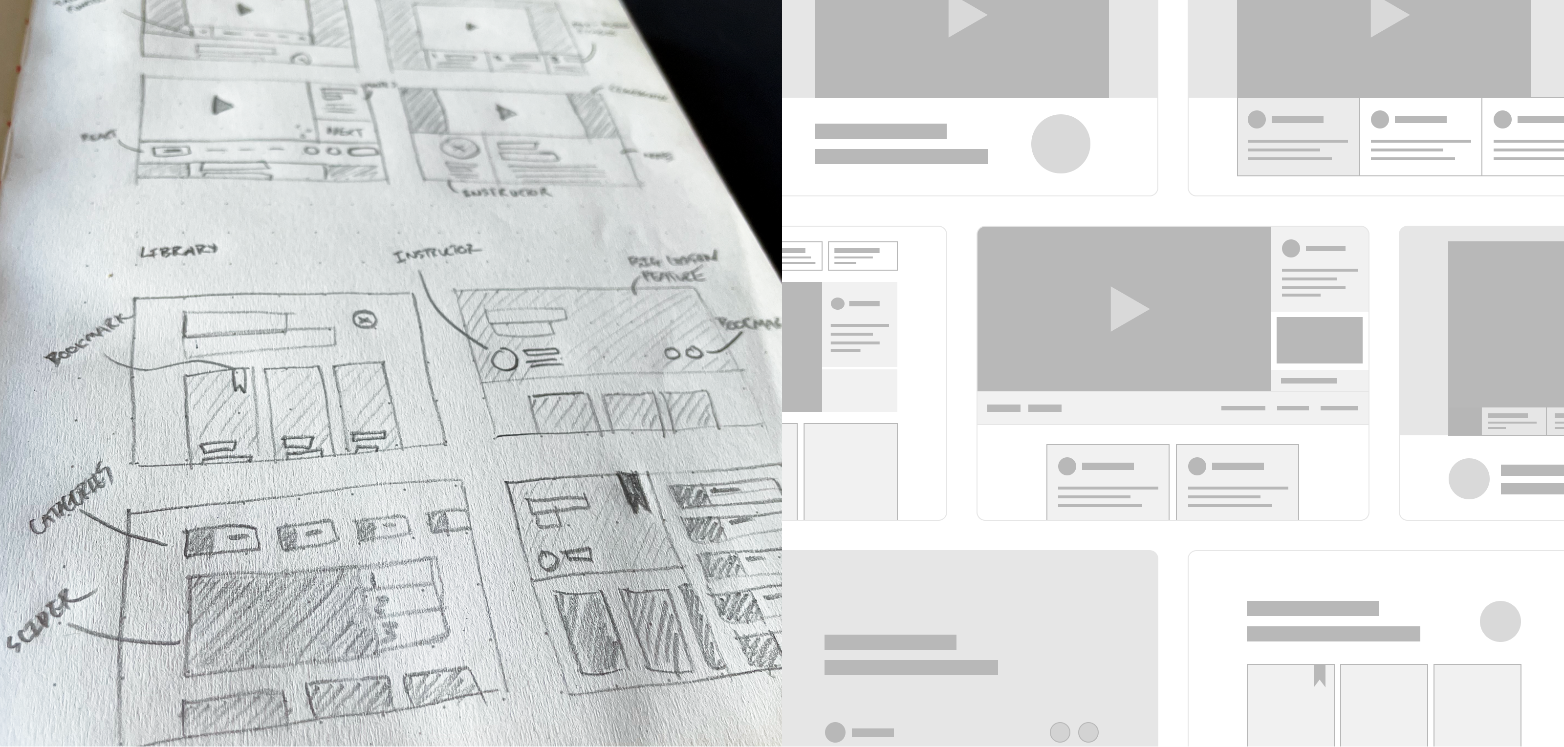 Wire-frame sketches for a video course platform.