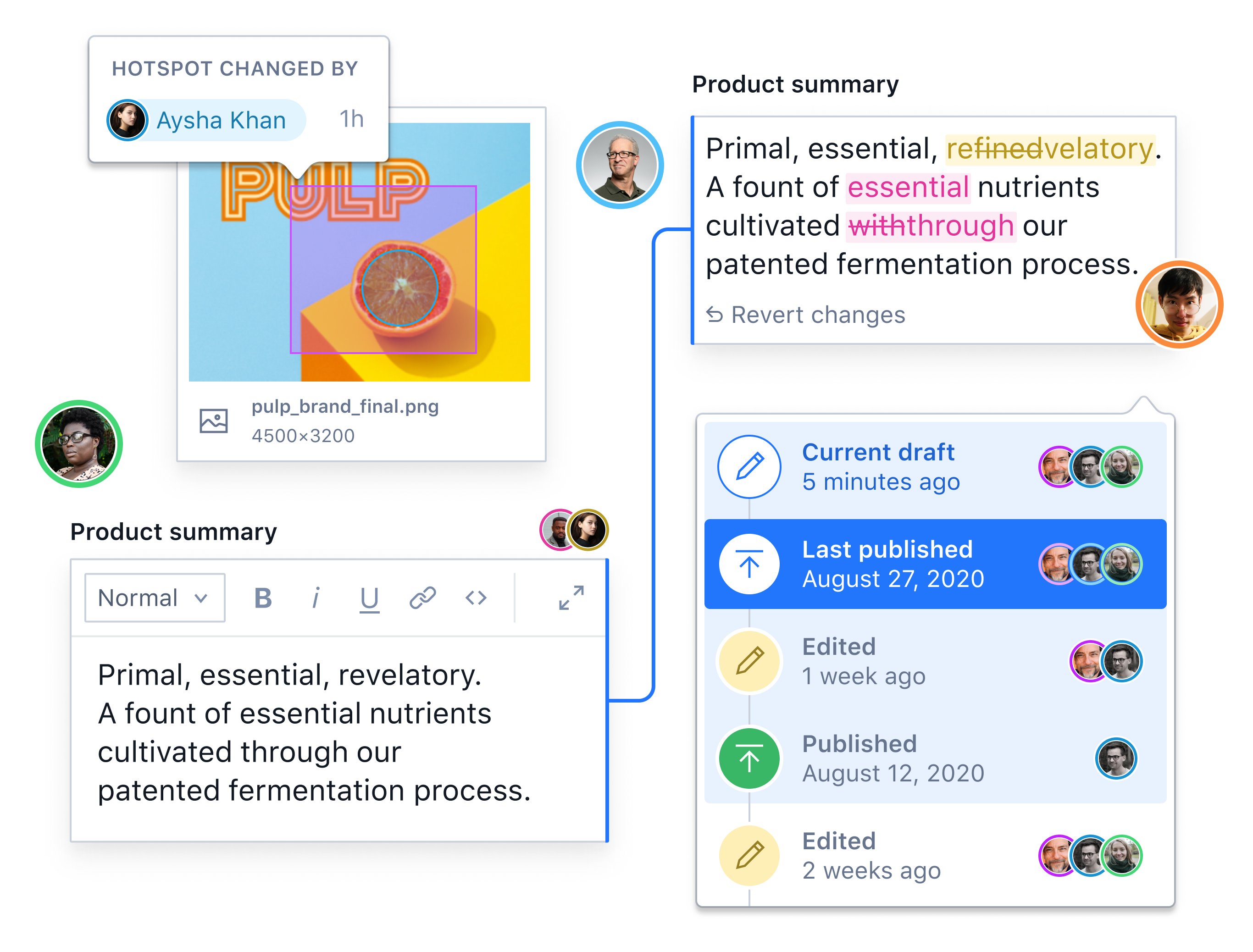 A selection of user interface elements connected by annotated lines.