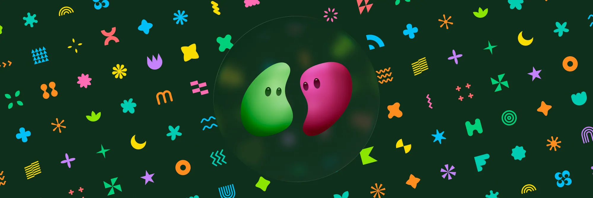 Green and pink Knomii characters surrounded by colourful symbols on dark green