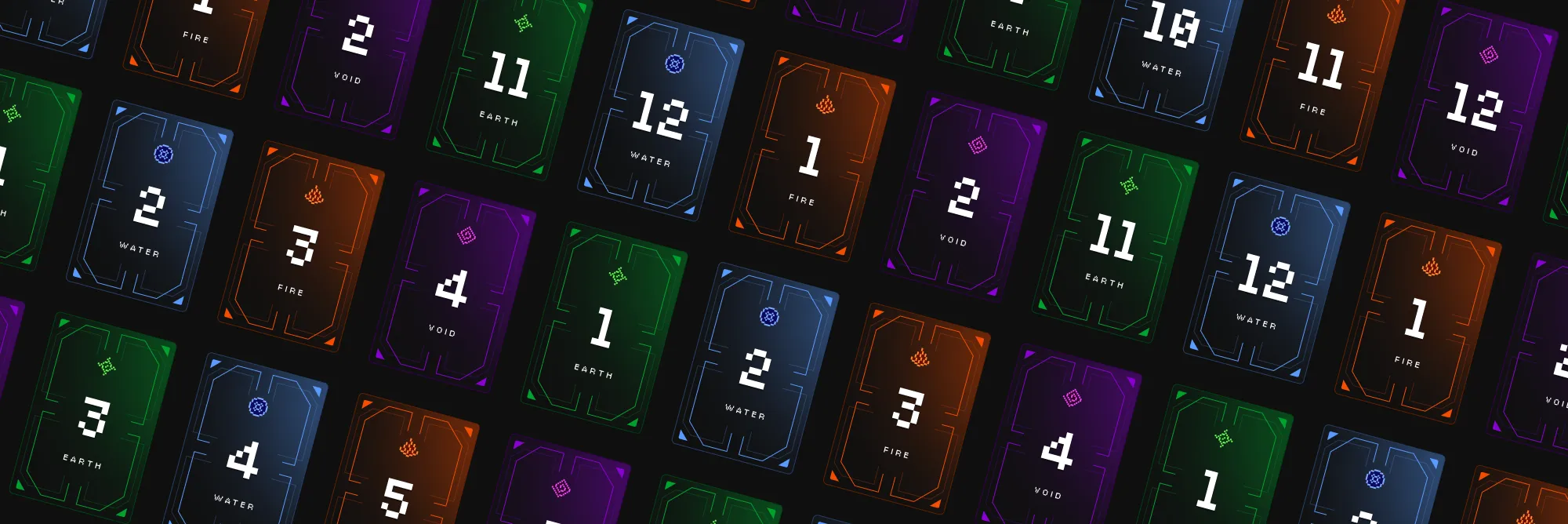 Rows of dark numbered cards with colourful pixel art element symbols