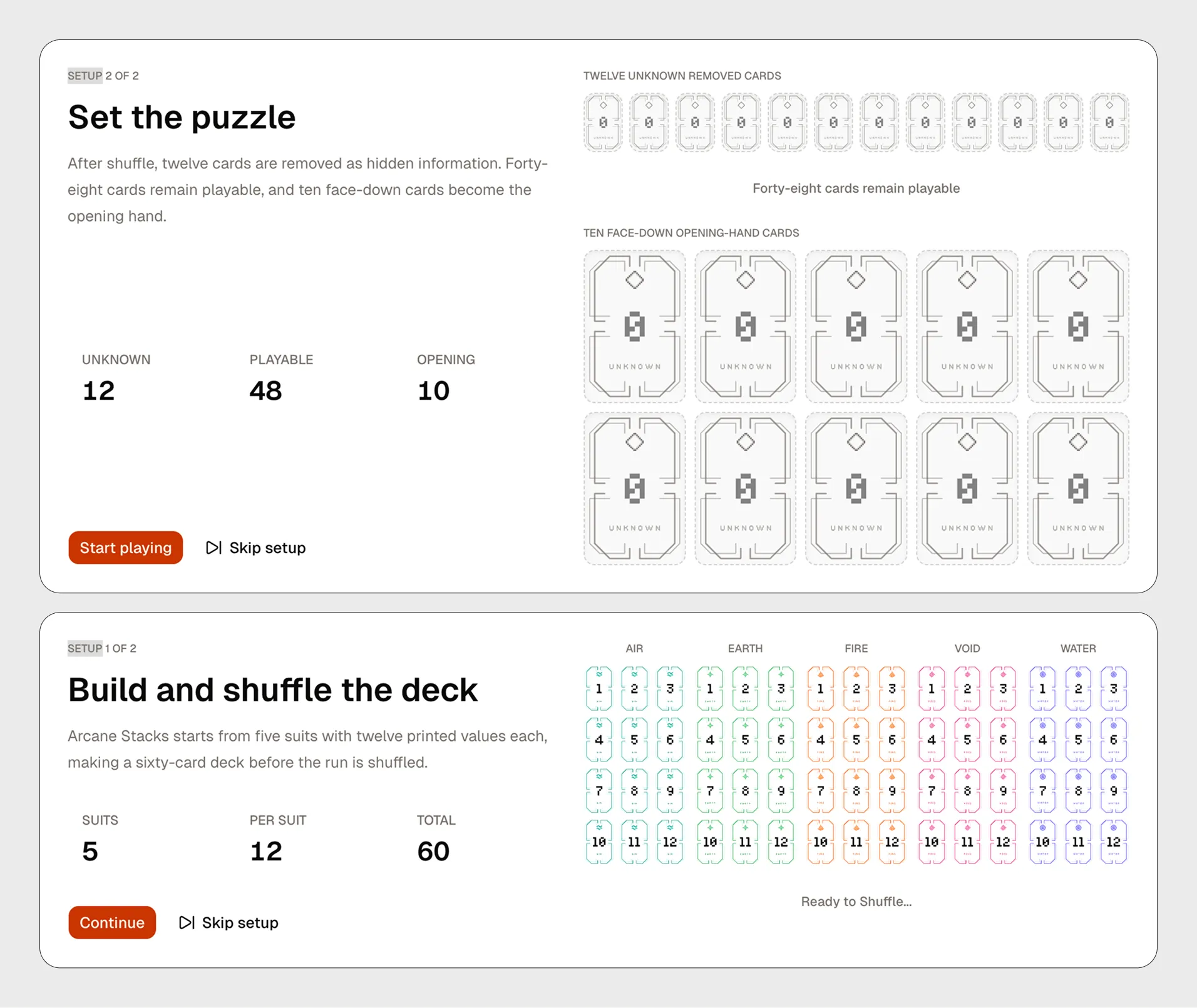 Two setup screens: building and shuffling the sixty-card deck, then setting the puzzle with hidden removed cards and a face-down opening hand