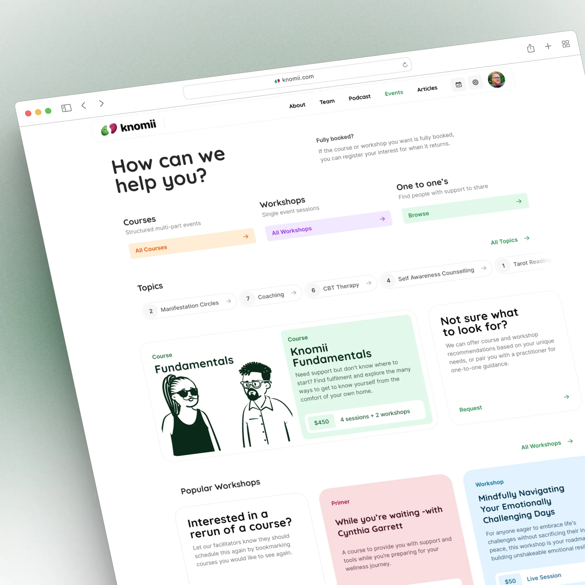 A colourful grid of upcoming courses, workshops and topics on the Knomii events page