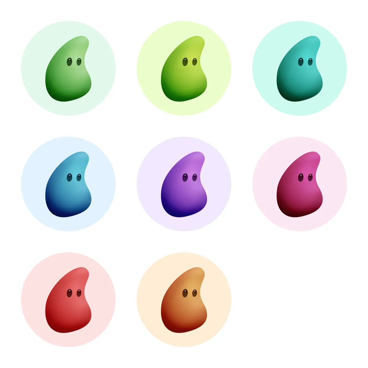 Knomii's green and pink bean characters on a flat background