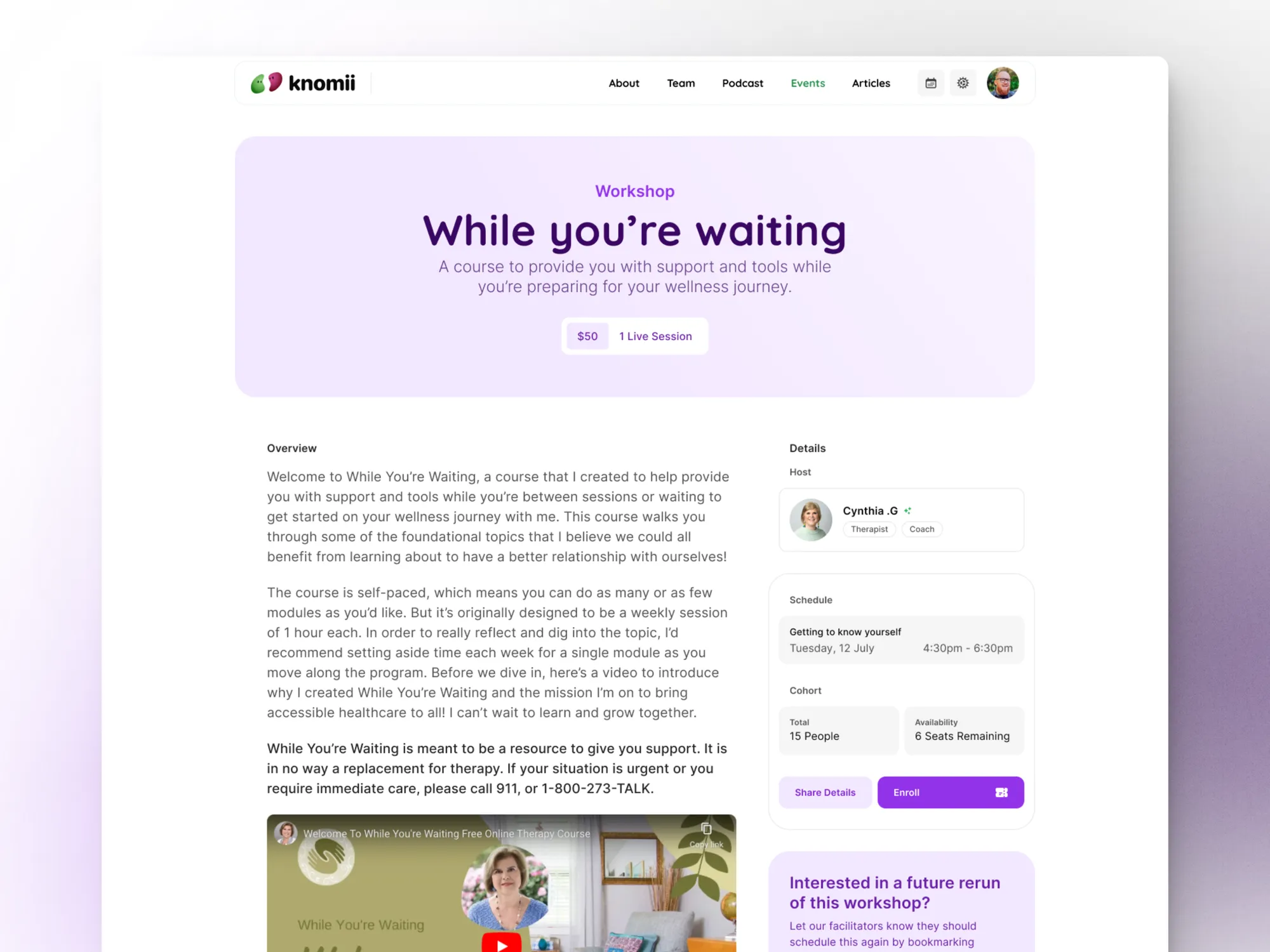 A workshop page with its overview, host, schedule and cohort availability